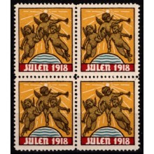 1918, Danmark, julemærker, 4-blok, postfrisk. Engle, der blæser på basun.